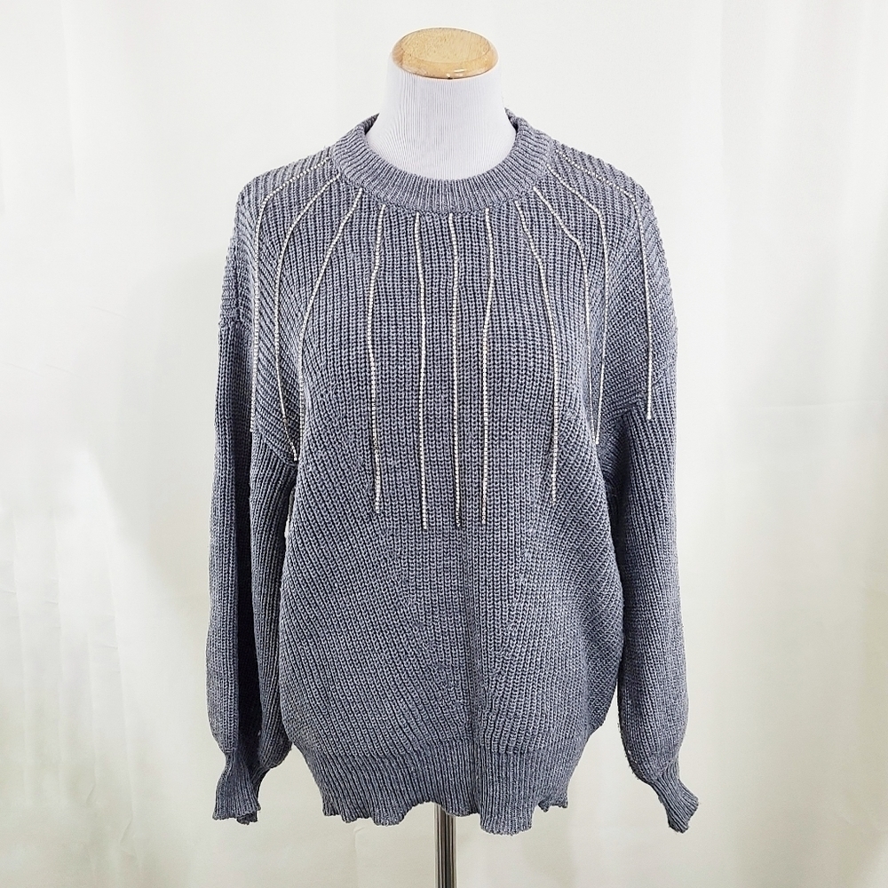 Belldini rhinestone fringe sweater gray knit size medium